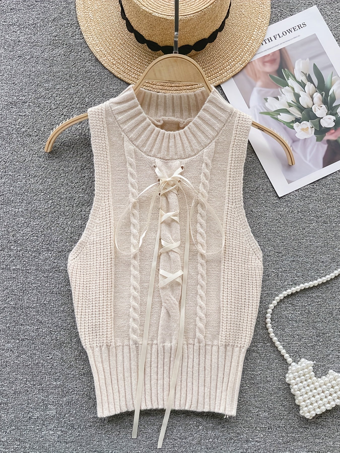 Solid Color Tie Front Vest Sleeveless Crew Neck