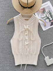 Solid Color Tie Front Vest Sleeveless Crew Neck