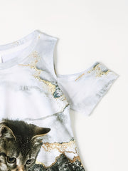 Girls 3D Kitty Cold Shoulder Dress - Summer Party Clothes