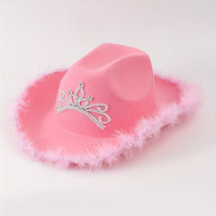 Y2K Pink Feather Cowgirl Hat Rhinestone Crown for Women