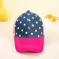 Star Print Ponytail Baseball Cap Pink Block Mesh Trucker Dad Hats