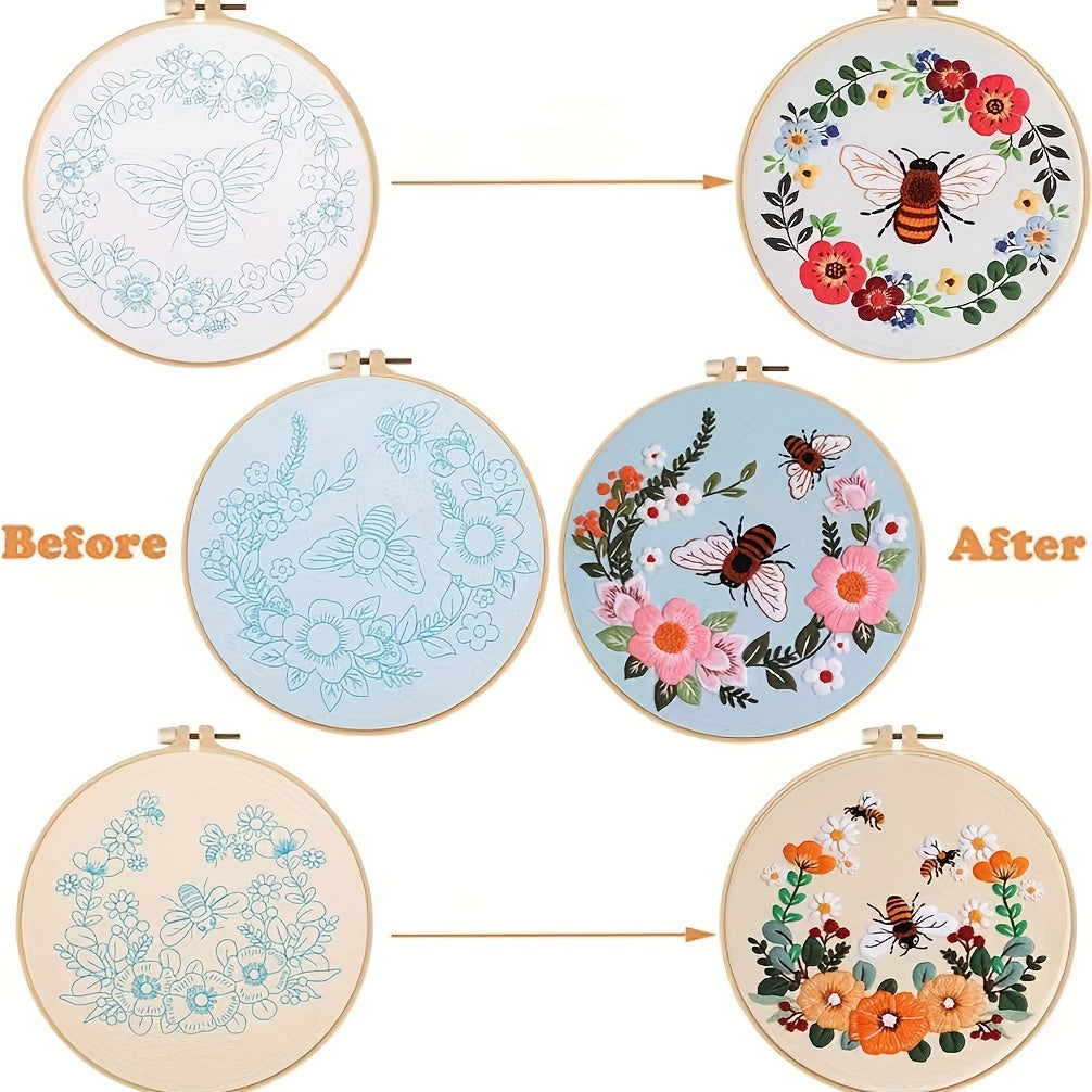 3 Pack Starter Embroidery Kits with Honeybee Flower Patterns