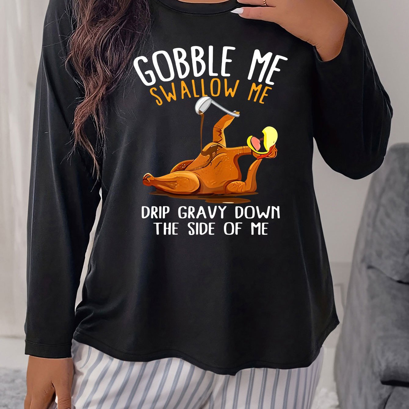 Women's Plus Turkey Print Long Sleeve Top