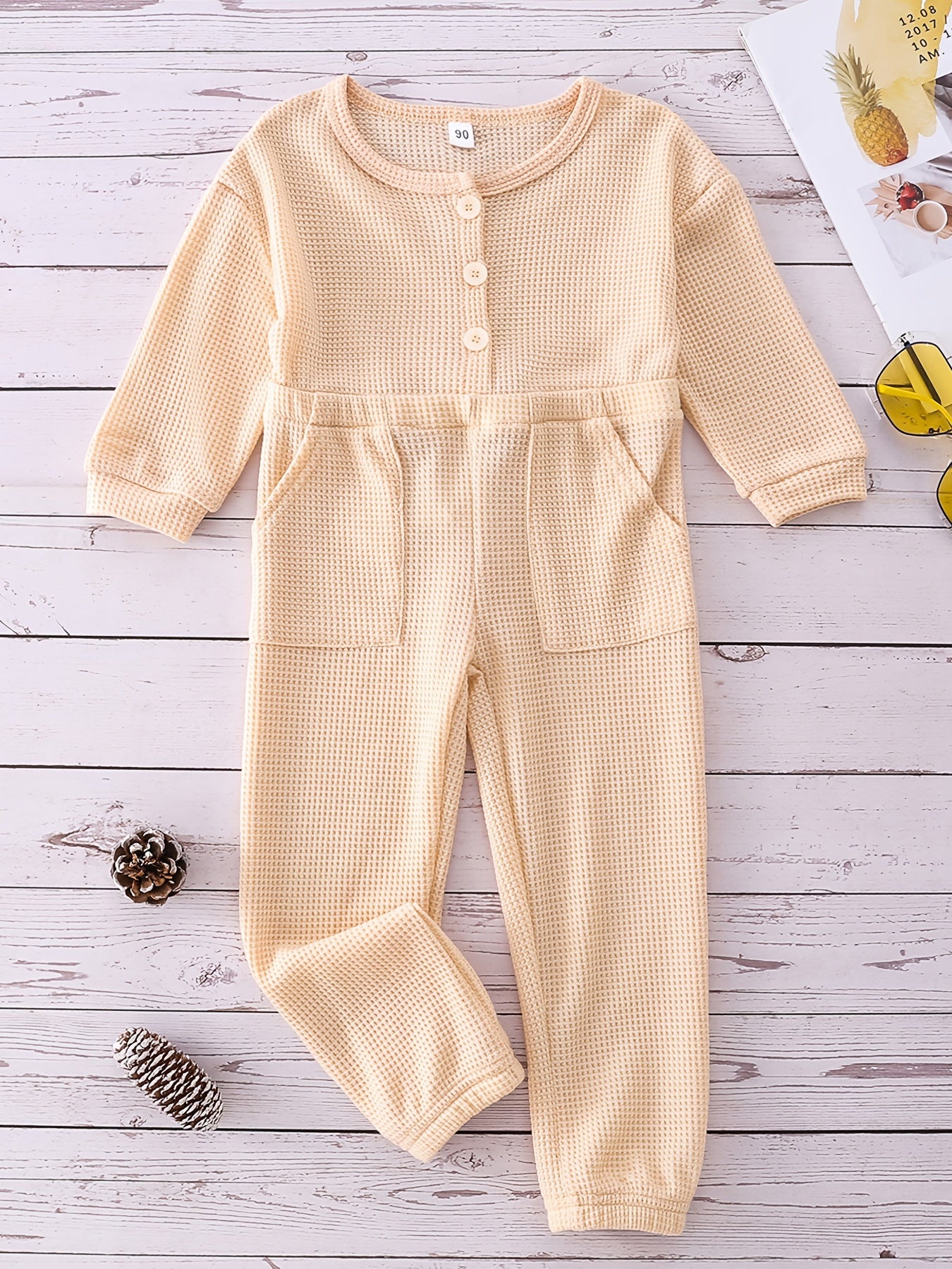 Plaid Print Girls Jumpsuit Long Sleeve Button Crew Neck