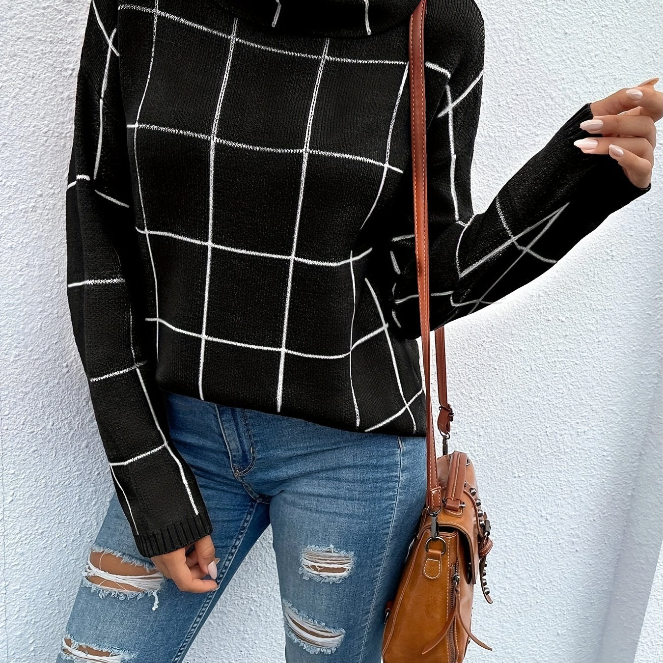 Plaid Print Turtle Neck Sweater for Women