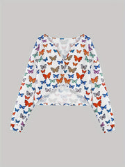 Butterflies Print Casual Two piece Set Notched Neck Crop Top & Elastic Waist Pan