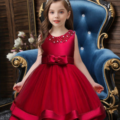 Girls Sleeveless Puffy Princess Dress Beaded Bow Tulle Tutu Dress