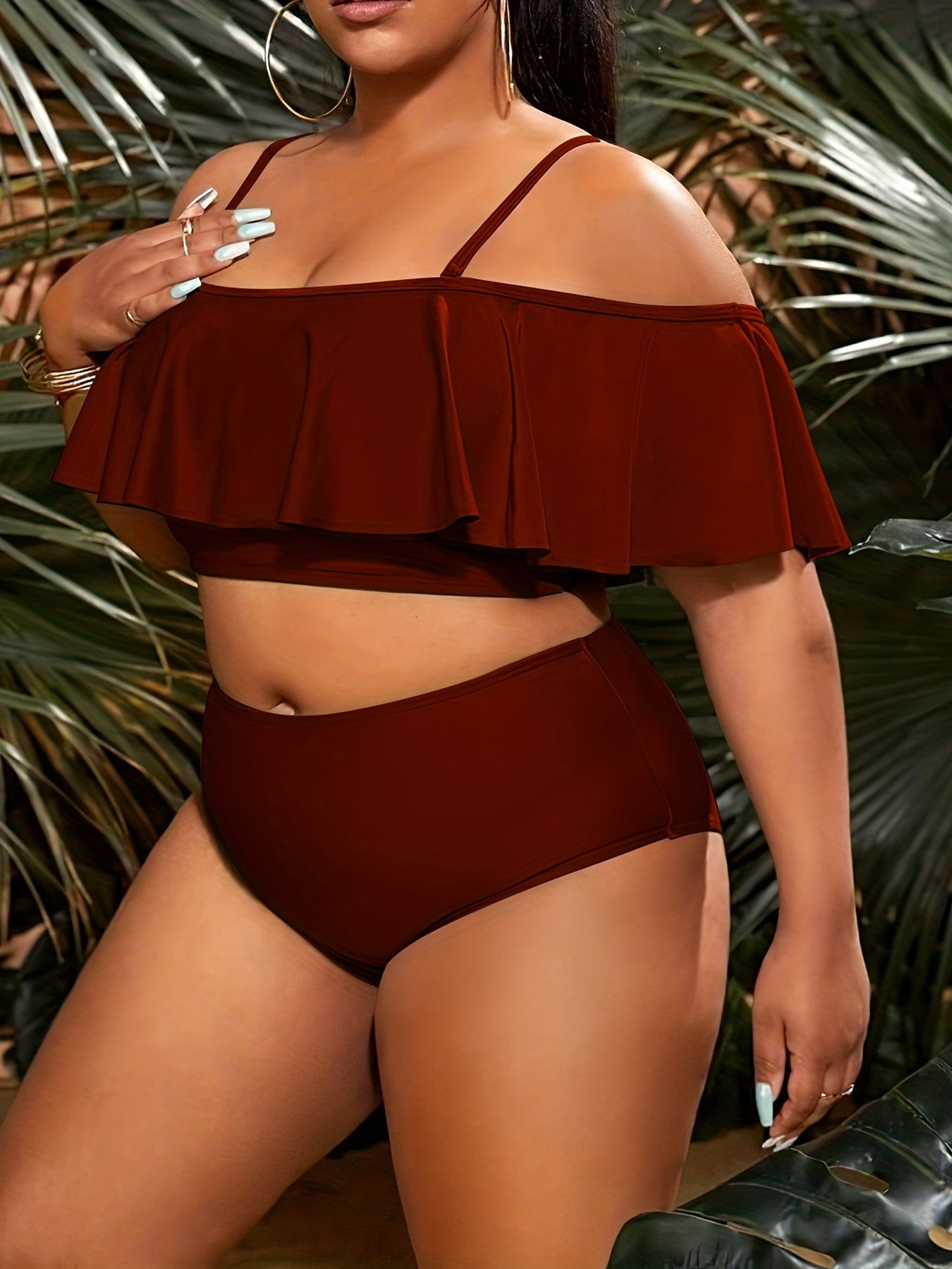 Solid Ruffle Trim Layered Crop Top Two Piece Swimsuit Set