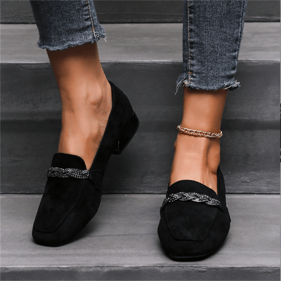 Rhinestone Loafers Square Toe Soft Sole Slip On Low Heels Shoes