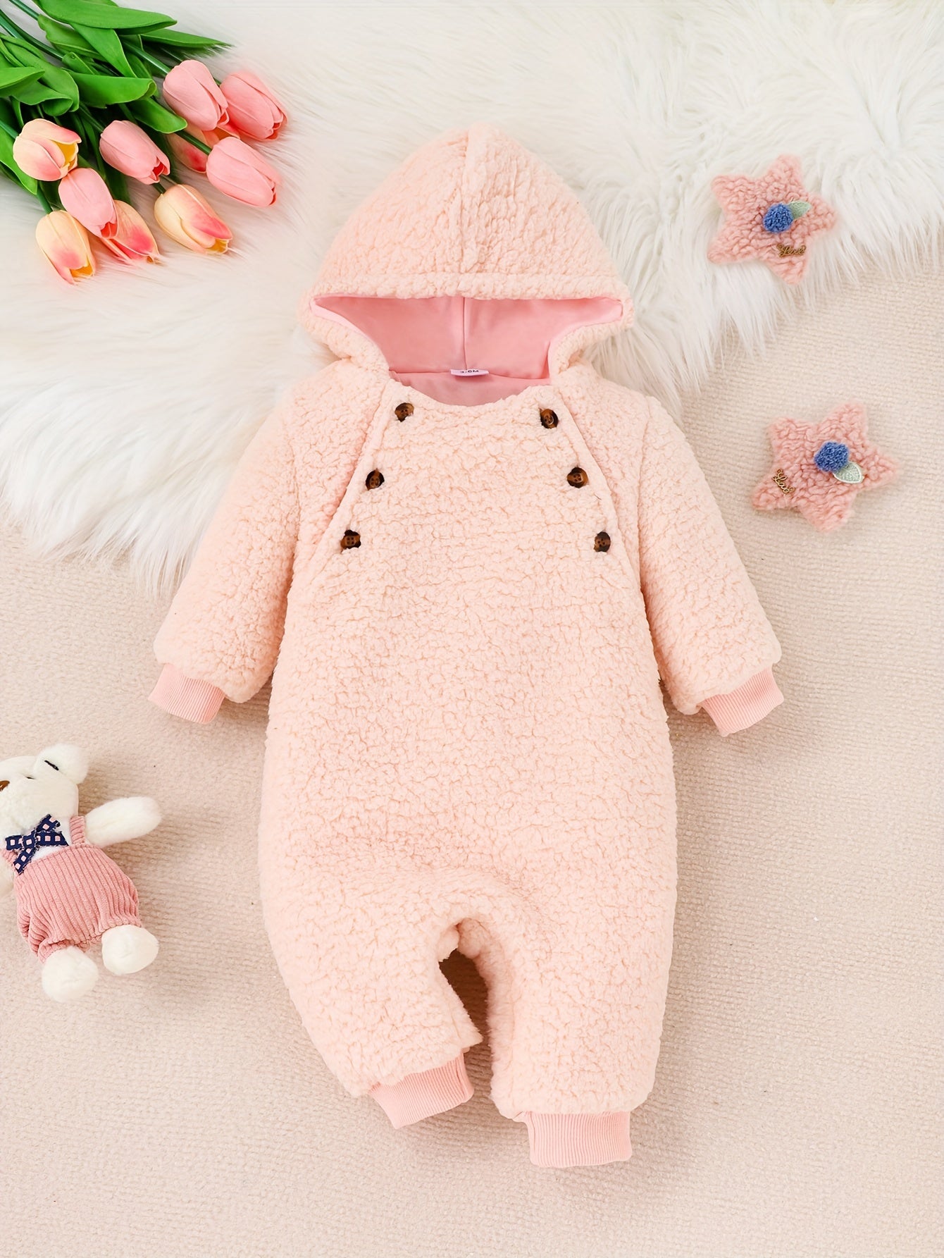 Baby Thermal Hooded Jumpsuit, Warm Furry Onesie for Girls Boys