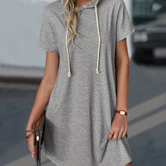 Drawstring Hooded Dress Casual Short Sleeve Solid Dress