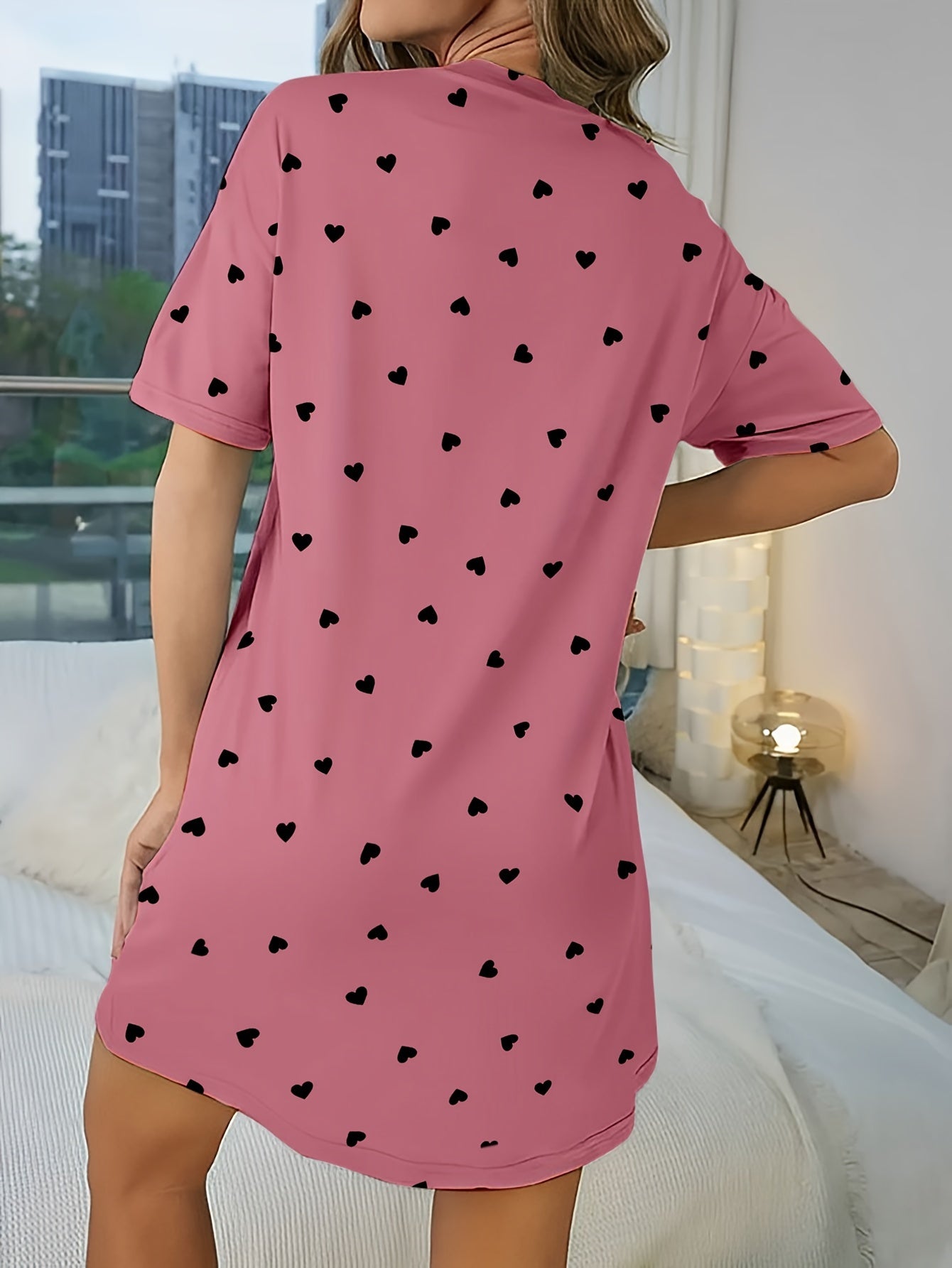 Heart Print Nightdress Short Sleeve Crew Neck Pajama Dress