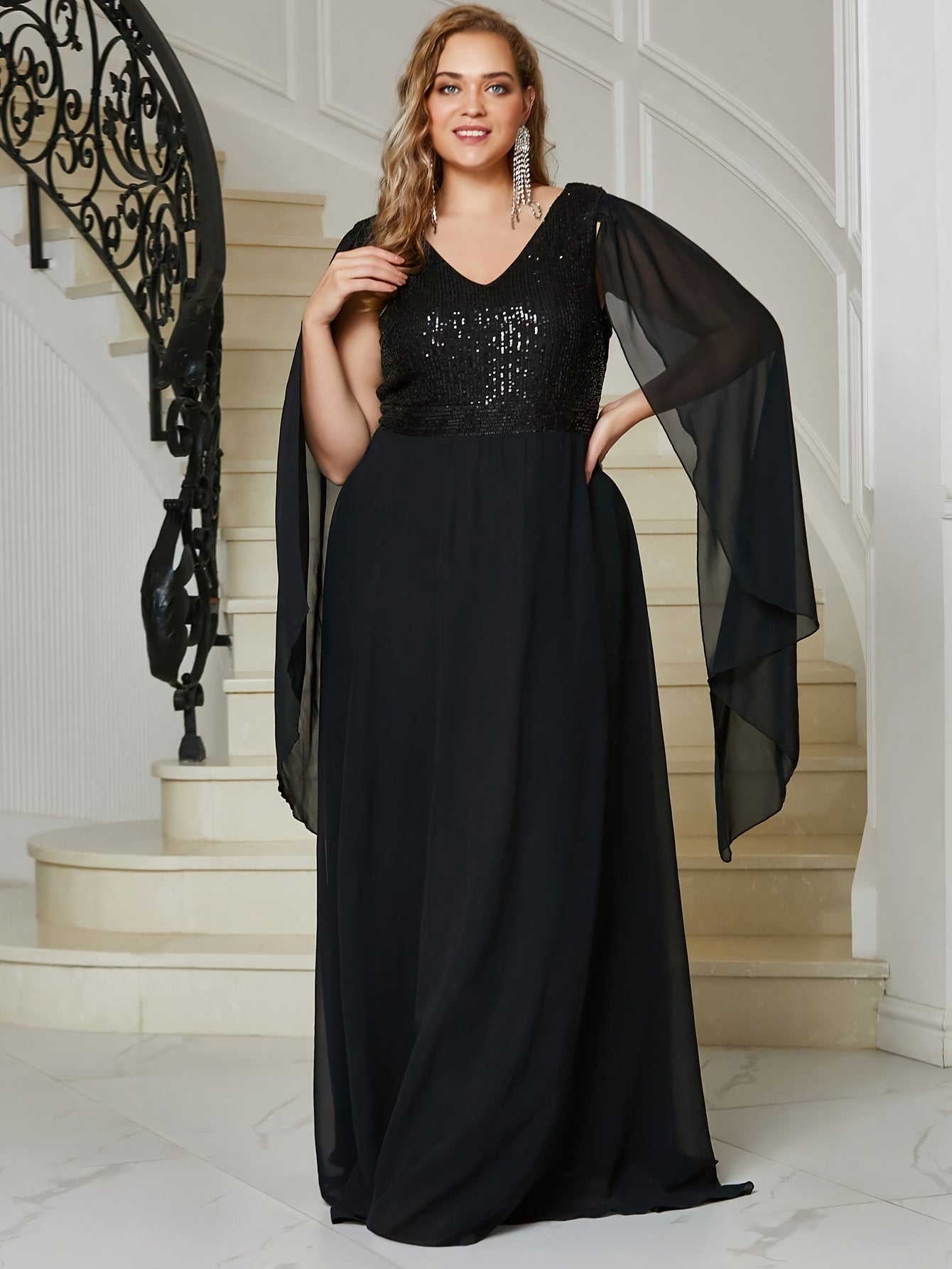 Sequin Decor Cloak Sleeve V Neck Maxi Evening Formal Dress