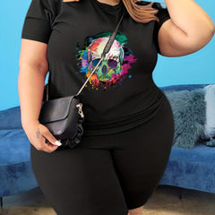 Skull Print Plus Size Top & Shorts Set
