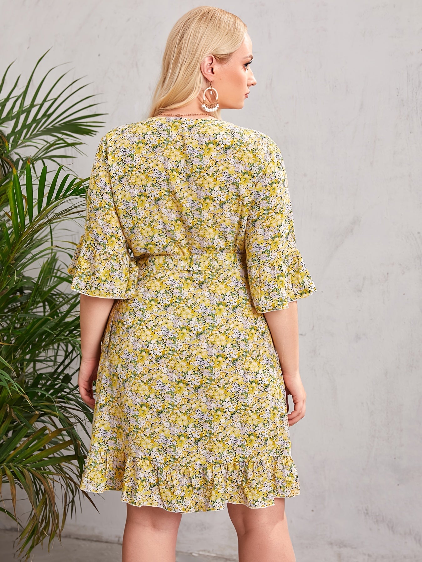 Floral Print V Neck Belted Wrap Midi Dress