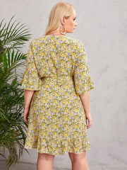 Floral Print V Neck Belted Wrap Midi Dress