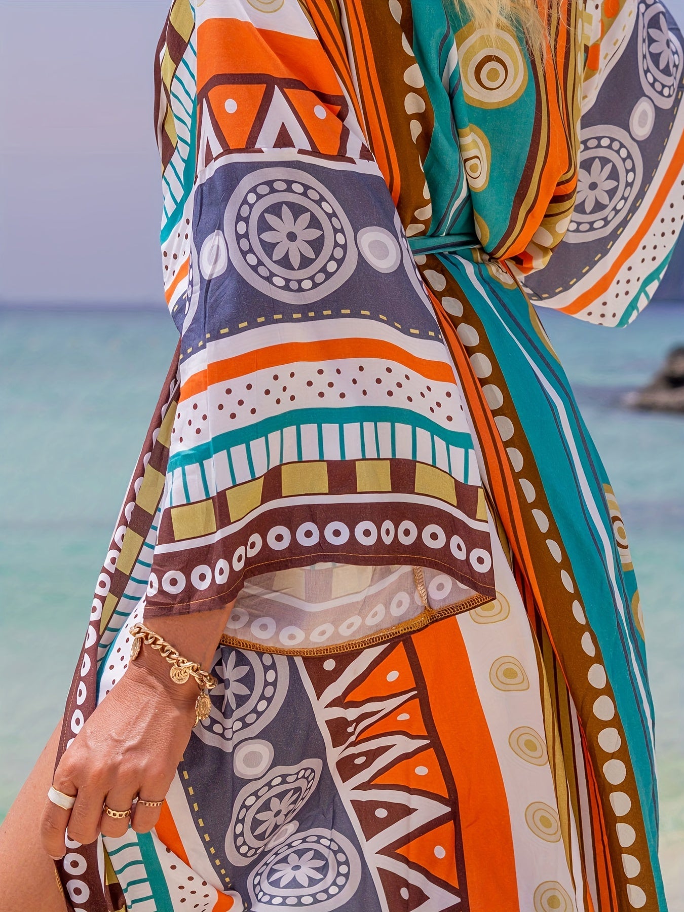 Boho Cover Up Women's Plus Tribal Print Long Sleeve Cardigan