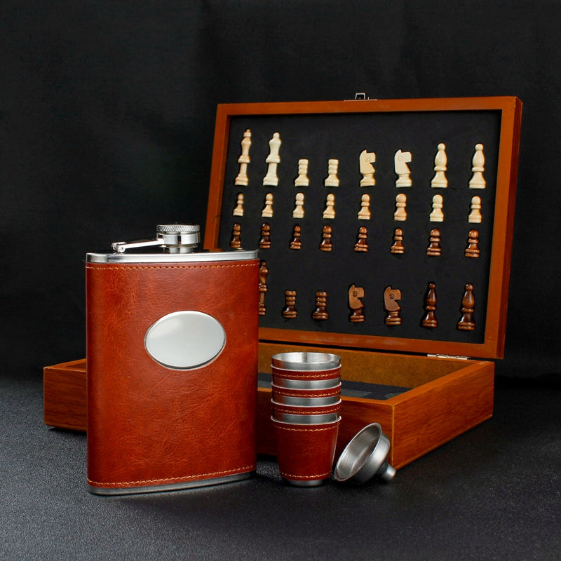 8oz Stainless Steel Hip Flask Wine Cups Funnel Chess Box Set