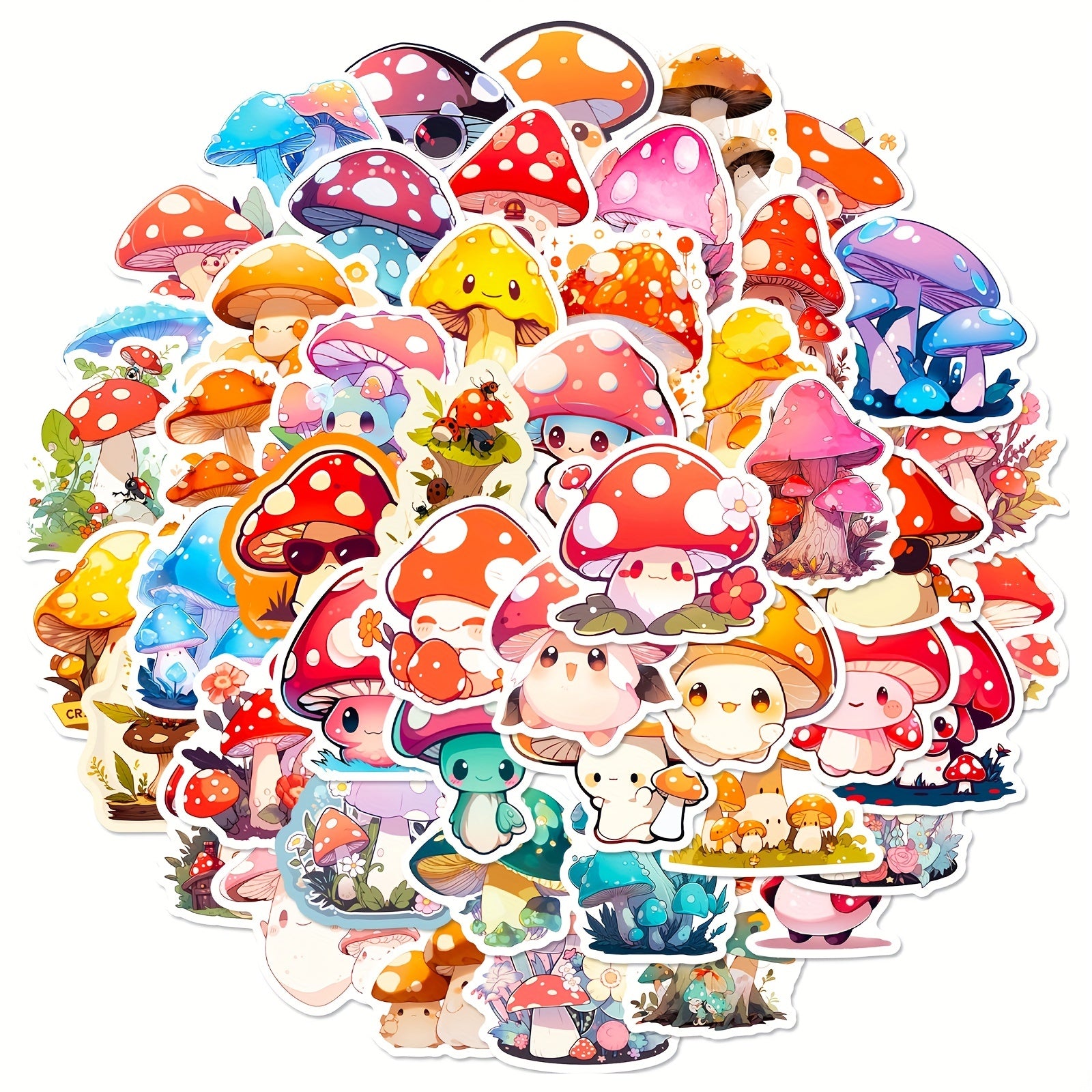 50pcs Cartoon Mushroom Stickers for Water Cups Laptops Phones
