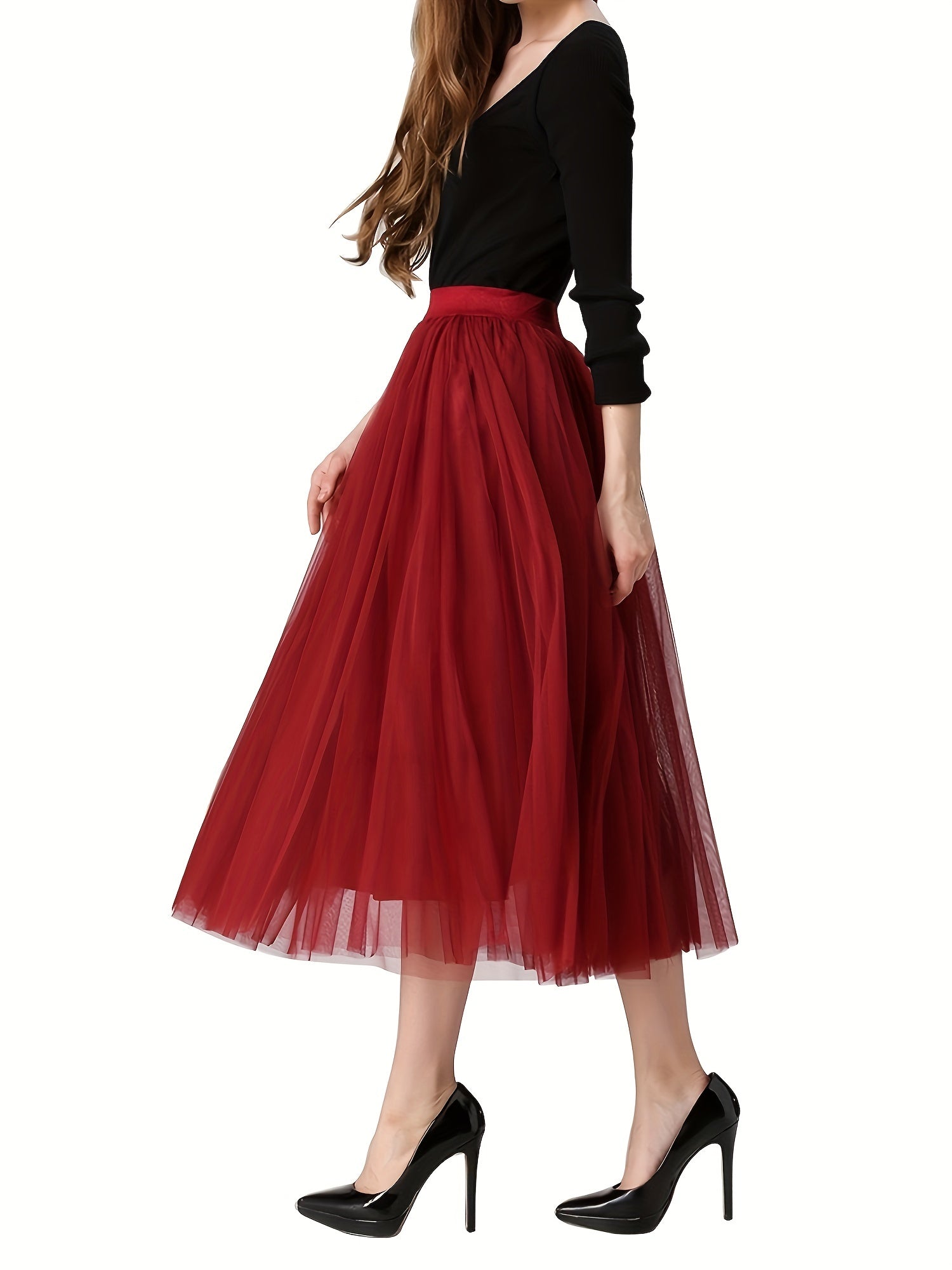 High Waist Mesh A-line Skirt Solid Casual