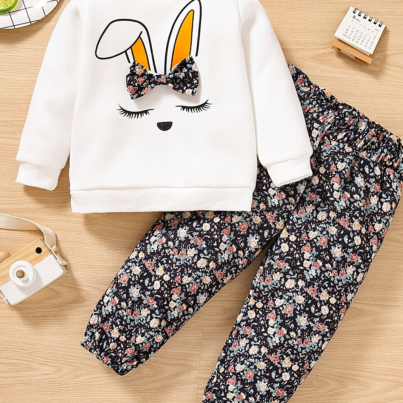 Toddler Girl Rabbit Print Pullover Sweatshirt And Floral Print Pants Set