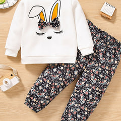 Toddler Girl Rabbit Print Pullover Sweatshirt And Floral Print Pants Set