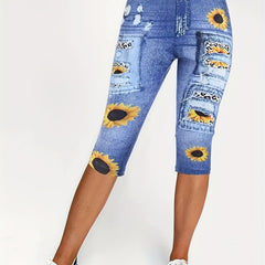 Denim & Sunflower Print Sports Leggings Women's Clothing