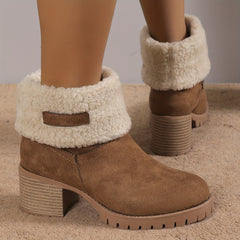 Women's Suedette Pattern Boots Solid Round Toe Thermal Lined Chunky Heel