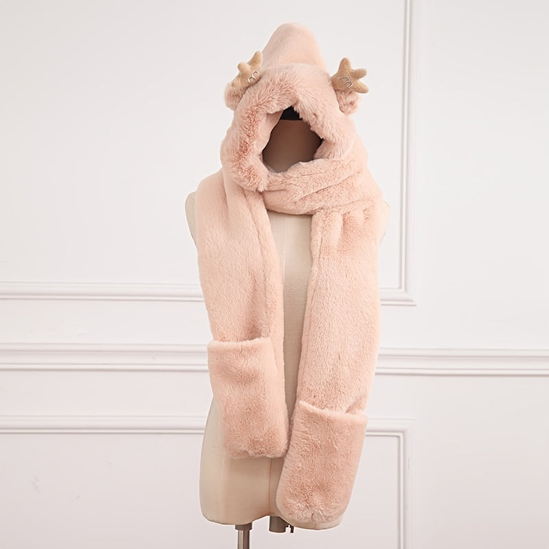 Christmas 3-In-1 Plush Animal Scarf Hat Mittens Set