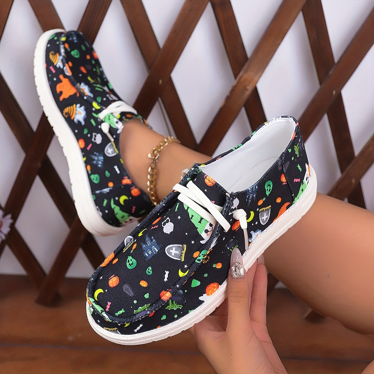 Women's Halloween Pattern Shoes Casual Slip On Canvas Lightweight Flat Shoes
