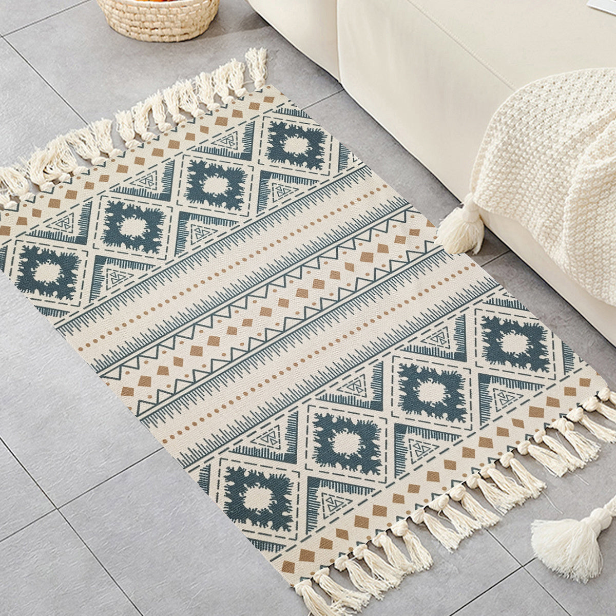 Boho Handwoven Linen Area Rug With Tassels Absorbent Bath Rug
