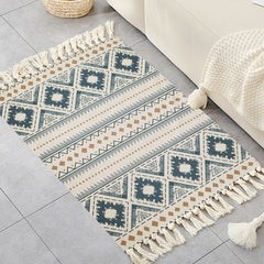 Boho Handwoven Linen Area Rug With Tassels Absorbent Bath Rug
