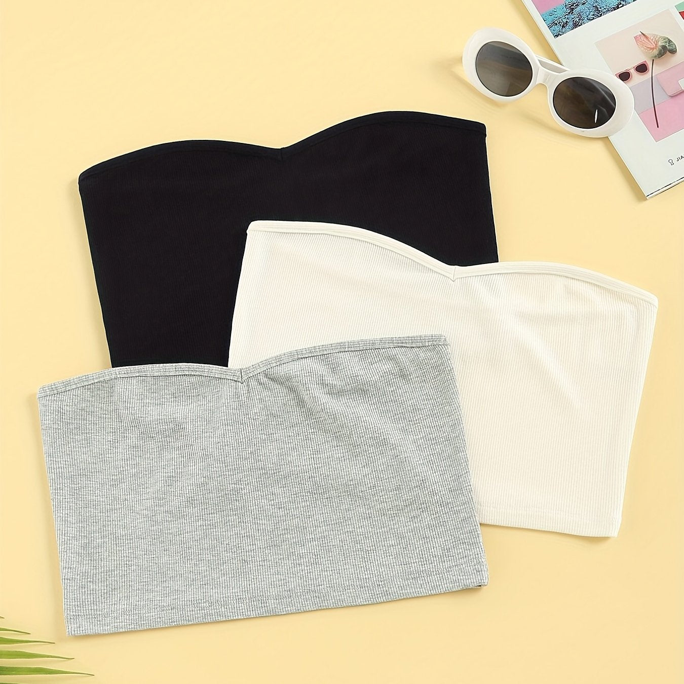 3pcs Solid Strapless Crop Tops Tube Top Women's Lingerie