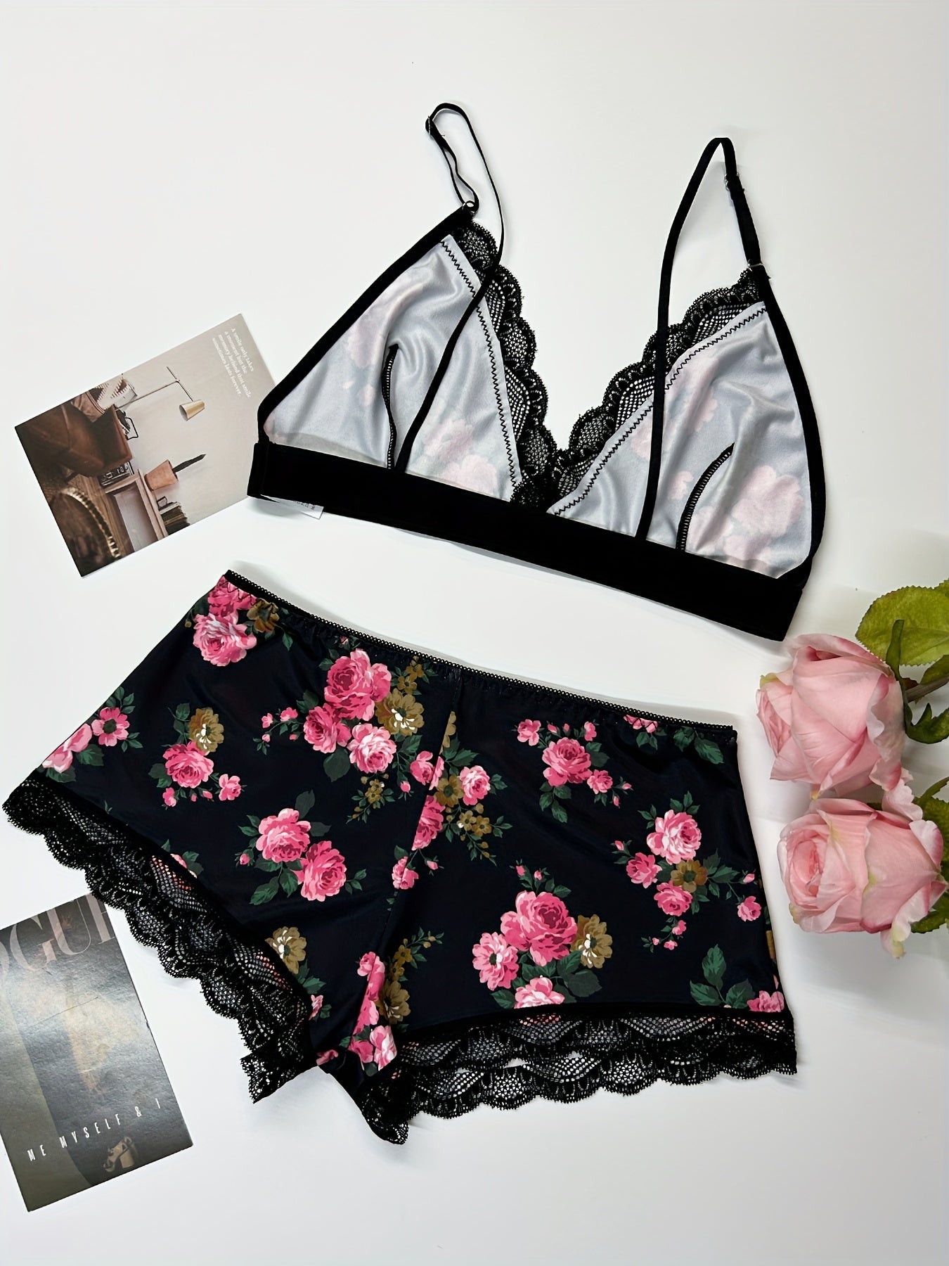 Floral Print Pajama Set Deep V Crop Cami Top & Lace Trim Shorts