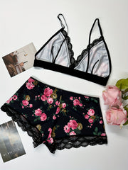 Floral Print Pajama Set Deep V Crop Cami Top & Lace Trim Shorts
