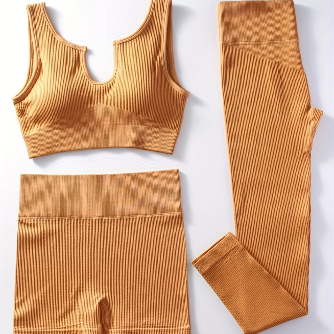 Ribbed Yoga Workout Set Sports Bra, Shorts, Leggings