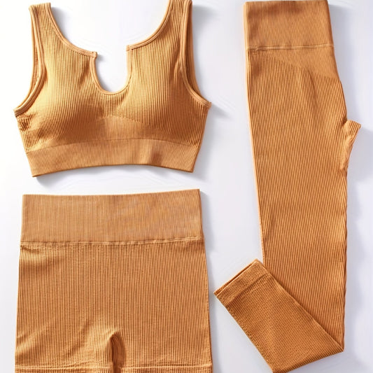 Ribbed Yoga Workout Set Sports Bra, Shorts, Leggings