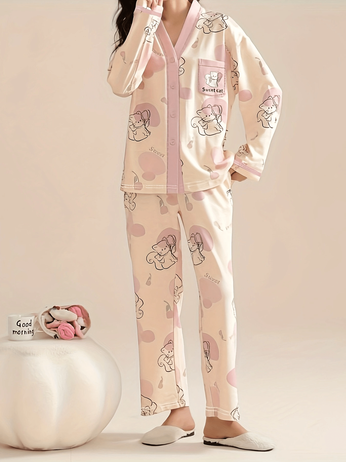 Cartoon Cat Pajama Set Long Sleeve V Neck Top & Elastic Waistband