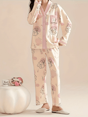 Cartoon Cat Pajama Set Long Sleeve V Neck Top & Elastic Waistband