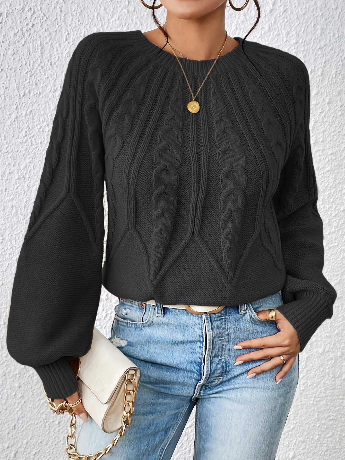 Cable Knit Lantern Sleeve Sweater Crew Neck Pullover Jumper