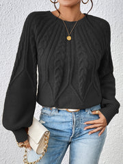 Cable Knit Lantern Sleeve Sweater Crew Neck Pullover Jumper