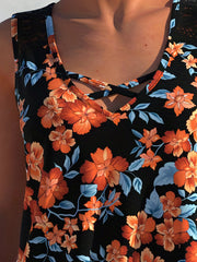 Boho Tank Top Women's Plus Floral Print Criss Cross V Neck