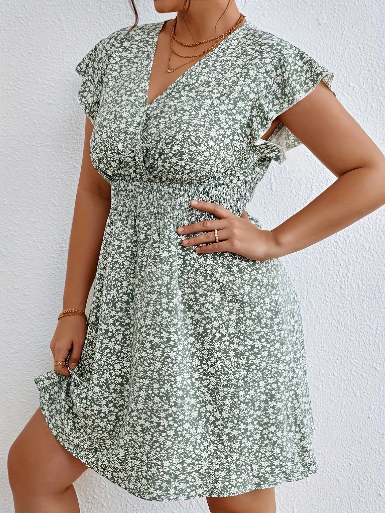 Women's Plus Ditsy Print Ruffle Sleeve Surplice Neck Dress
