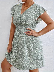 Women's Plus Ditsy Print Ruffle Sleeve Surplice Neck Dress