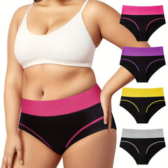 4 Pack Plus Size Panties Set Women's Plus Contrast Binding Mid Rise Briefs