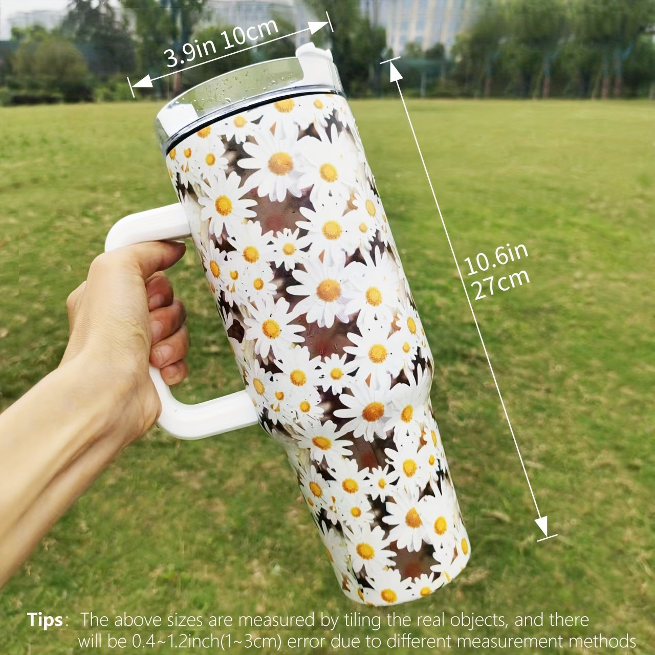 Insulated Stainless Steel Drink Cup with Handle and Straw Sunflower Daisy