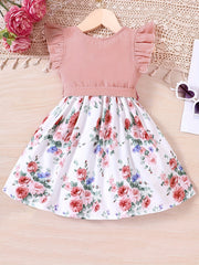 Toddler Girls Ruffle Trim Flowers Button Spliced Belted Princess Dress