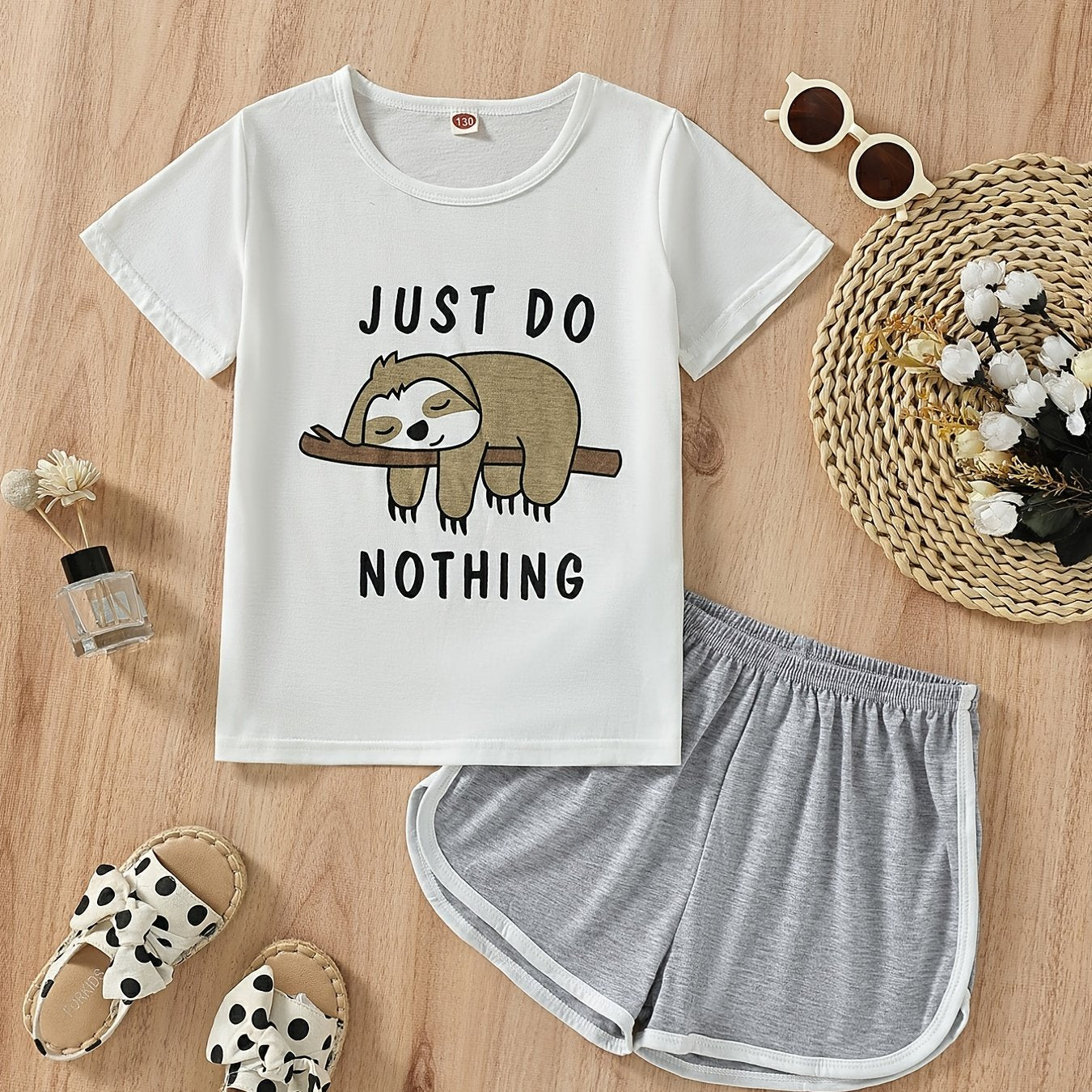 Girls Sloth Print Two Piece Set Short Sleeve T shirt & Sports Shorts