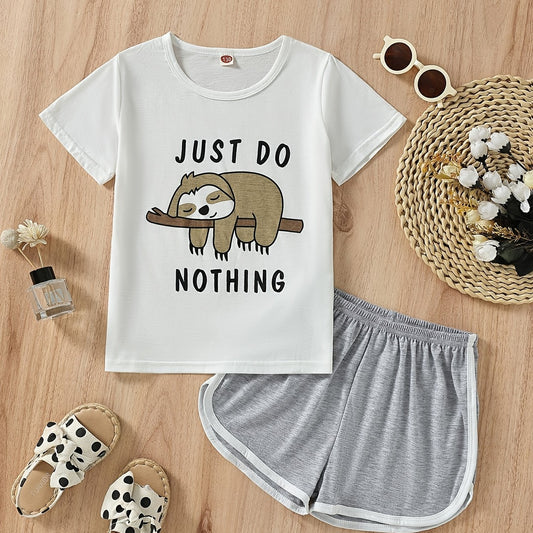 Girls Sloth Print Two Piece Set Short Sleeve T shirt & Sports Shorts