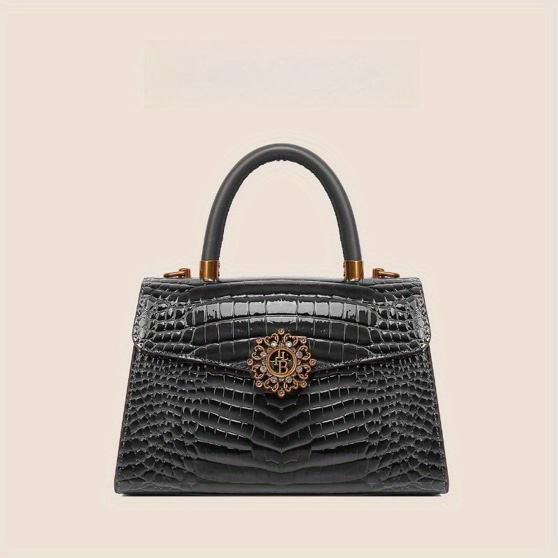 Faux Alligator Grain Handbag with Golden Tone Metal Emblems